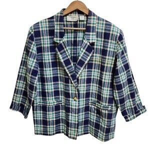 Carolina Bay Blazer Womens 18W Ramie Cotton Blue Green Plaid Button Vent Preppy